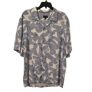 Club Monaco Men's White Blue Abstract Design Camp Button Down Shirt Size L